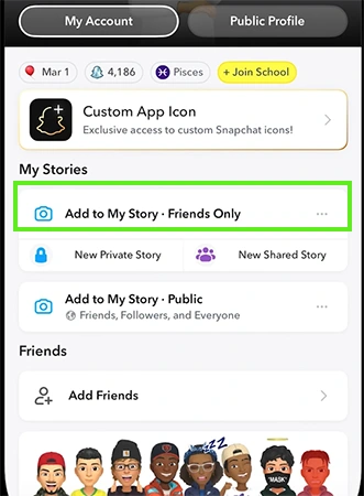Find the My Story section on your account where you can see the 3-dot icon.