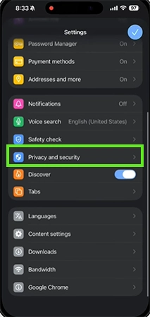 Scroll down and tap on Privacy and Security