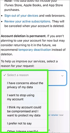 Select any reason for deleting your account and click Continue