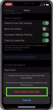 Tap Clear History and Data to confirm