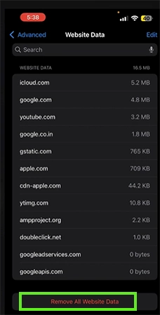 Tap Remove all website data at the bottom
