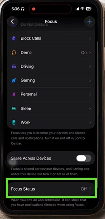 Tap on Focus Status