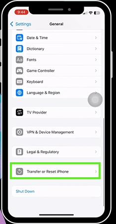 Tap on Transfer or Reset iPhone