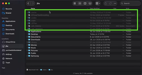 The hidden files will be greyed out.