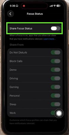 Turn the Share Focus Status on&nbsp;