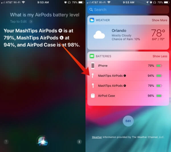 Battery percentage display by Siri.