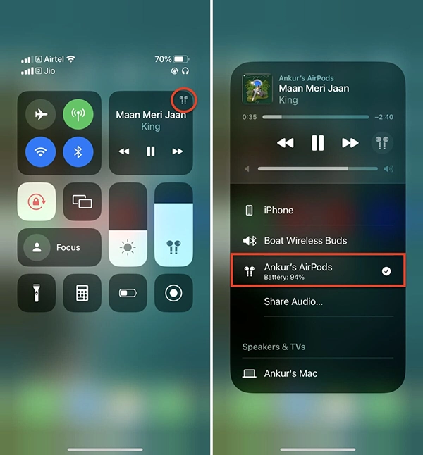Battery percentage in Control Center.