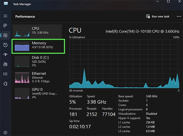 Click on the Memory tab