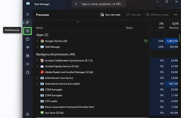 Click on the Performance tab