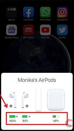The pop-up shows the battery percentage