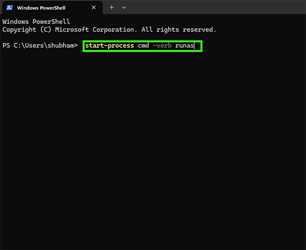 Type start-process cmd -verb runas and press Enter.