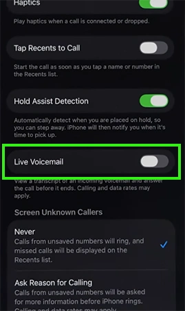 turn off live voicemail
