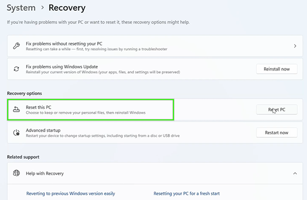 Scroll and find Recovery