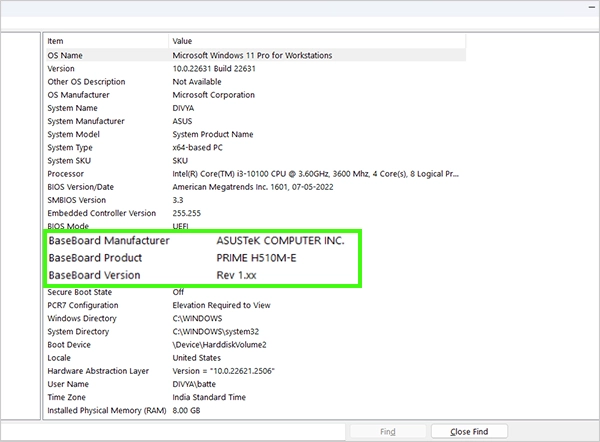 Here you can see the motherboard information