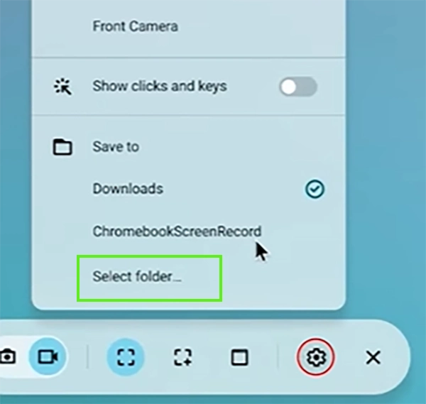 Save recordings on different folders on your Chromebook by clicking on select folders.
