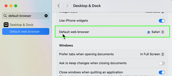 Scroll down to Default web browser