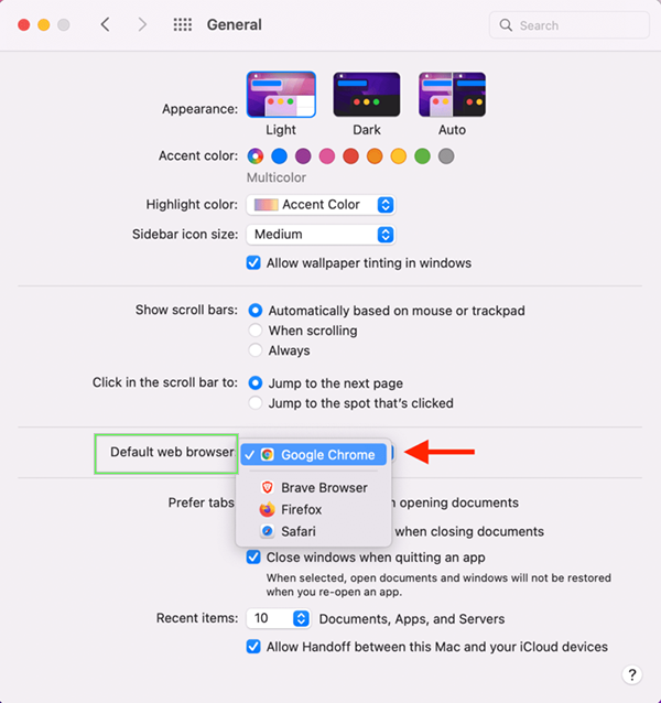 Scroll down to Default web browserr