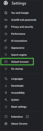 Select Default browser from the left-side panel