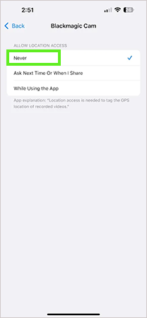 Select Never to stop location services