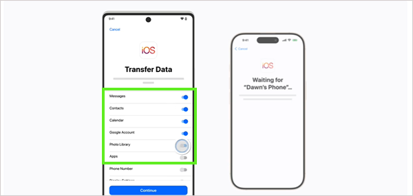 Select all the data units you want to transfer, including your contacts.