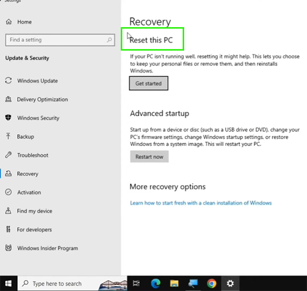 find reset this pc
